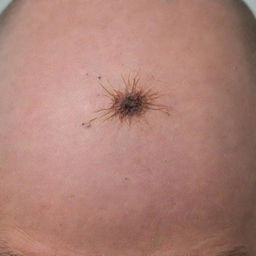 A magnified image of a small bald spot on a scalp, surrounded by regrowing hair. Three distinctive strands of hair should be displayed as pulled out, integrated with notable characteristics: one shaped like a 'V', another mimicking a flame, and one appearing broken.