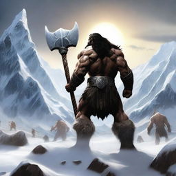 Create a realistic image of a dark-haired barbarian warrior seen from behind, holding a war hammer similar to Thor's