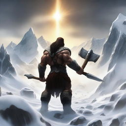 Create a realistic image of a dark-haired barbarian warrior seen from behind, holding a war hammer similar to Thor's