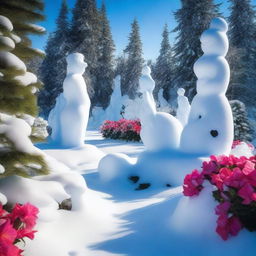 A beautiful garden located at the North Pole, with vibrant flowers blooming amidst the snow