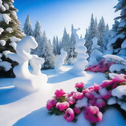 A beautiful garden located at the North Pole, with vibrant flowers blooming amidst the snow