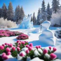 A beautiful garden located at the North Pole, with vibrant flowers blooming amidst the snow