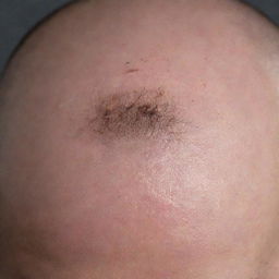 A magnified image of a small bald spot on a scalp, surrounded by regrowing hair. Three distinctive strands of hair should be displayed as pulled out, integrated with notable characteristics: one shaped like a 'V', another mimicking a flame, and one appearing broken.