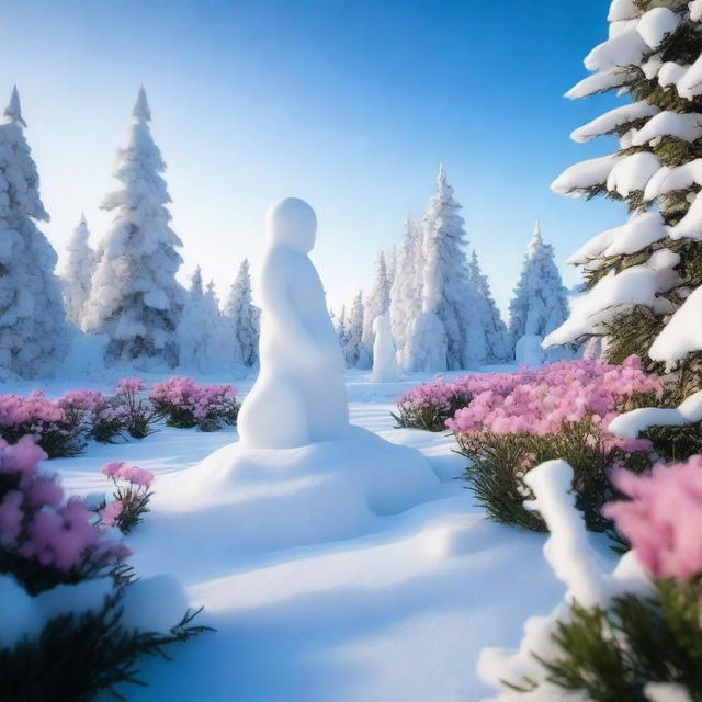 A beautiful garden located at the North Pole, with vibrant flowers blooming amidst the snow