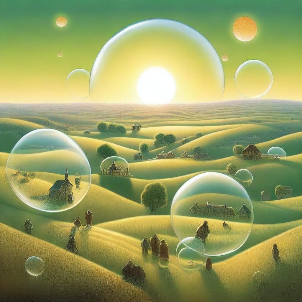 A picturesque scene featuring cities encased in glass bubbles perched on a hill