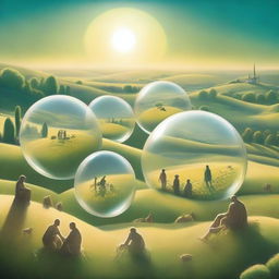 A picturesque scene featuring cities encased in glass bubbles perched on a hill