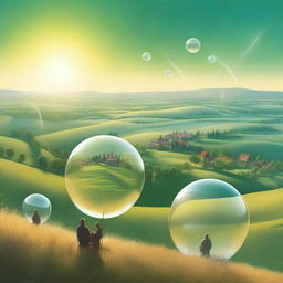 A picturesque scene featuring cities encased in glass bubbles perched on a hill