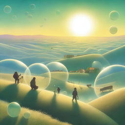 A picturesque scene featuring cities encased in glass bubbles perched on a hill