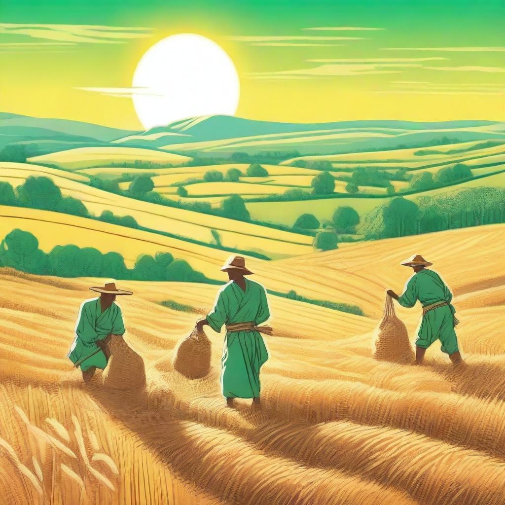 A large sun glowing brightly in the background, illuminating a valley where bald green men are harvesting grain