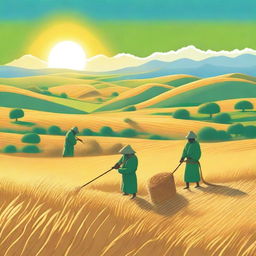 A large sun glowing brightly in the background, illuminating a valley where bald green men are harvesting grain