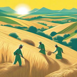 A large sun glowing brightly in the background, illuminating a valley where bald green men are harvesting grain