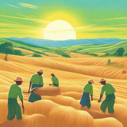 A large sun glowing brightly in the background, illuminating a valley where bald green men are harvesting grain