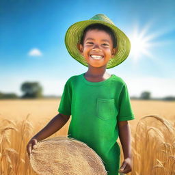 A young boy with green skin harvesting grain in a field under a big, bright sun