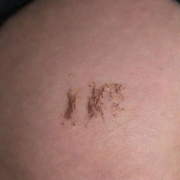 A magnified image of a small bald spot on a scalp, surrounded by regrowing hair. Three distinctive strands of hair should be displayed as pulled out, integrated with notable characteristics: one shaped like a 'V', another mimicking a flame, and one appearing broken.