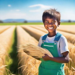 A young boy with green skin harvesting grain in a field under a big, bright sun