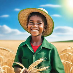 A young boy with green skin harvesting grain in a field under a big, bright sun