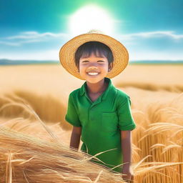 A young boy with green skin harvesting grain in a field under a big, bright sun