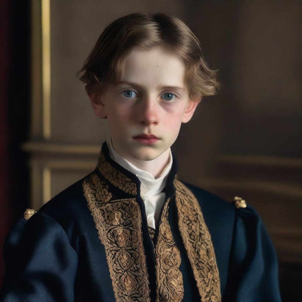 A portrait of a character: the youngest son of a baron, appearing sickly and thin