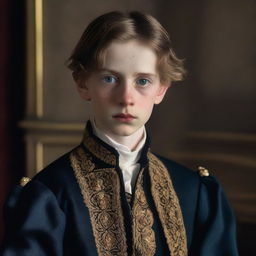 A portrait of a character: the youngest son of a baron, appearing sickly and thin