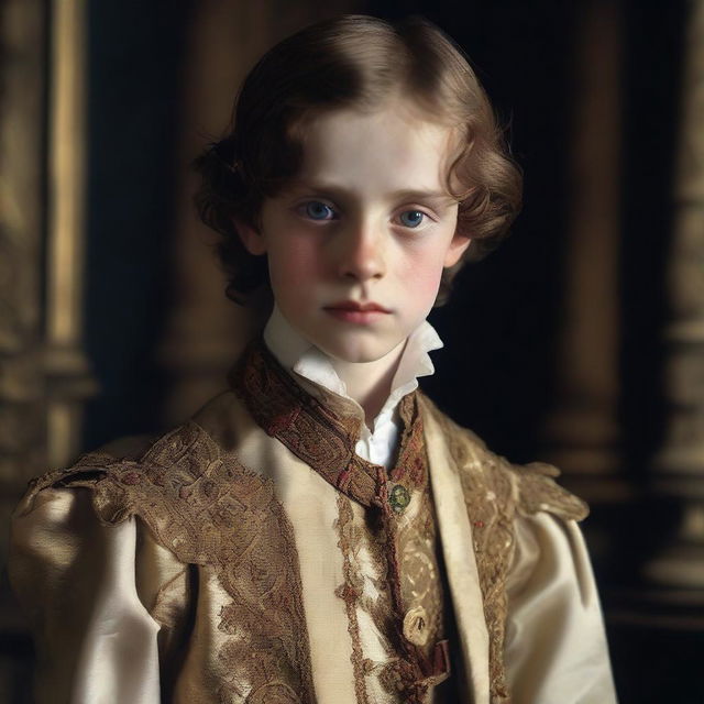 A portrait of a character: the youngest son of a baron, appearing sickly and thin