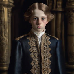 A portrait of a character: the youngest son of a baron, appearing sickly and thin