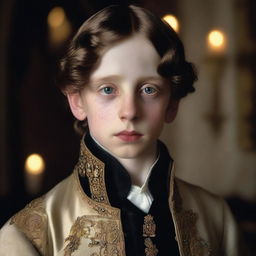 A portrait of a character: the youngest son of a baron, appearing sickly and thin