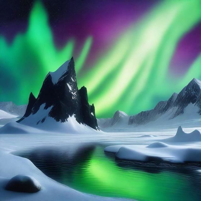 A mystical scene depicting the North Pole with a prominent black rock