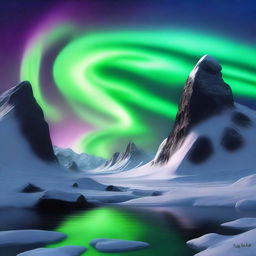 A mystical scene depicting the North Pole with a prominent black rock