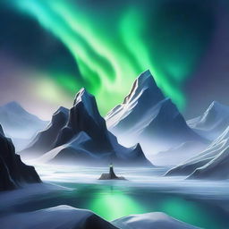 A mystical scene depicting the North Pole with a prominent black rock