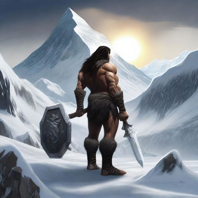 Create a realistic image of a barbarian warrior with dark hair