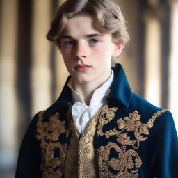 A portrait of a character: the eldest son of a baron, 14 years old, appearing strong and robust