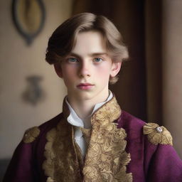 A portrait of a character: the eldest son of a baron, 14 years old, appearing strong and robust