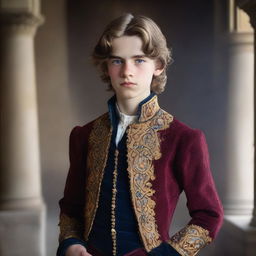 A portrait of a character: the eldest son of a baron, 14 years old, appearing strong and robust