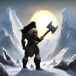 Create a realistic image of a barbarian warrior with dark hair, seen from the back, holding a war hammer similar to Thor's