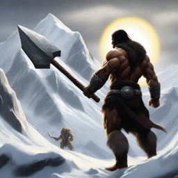 Create a realistic image of a barbarian warrior with dark hair, seen from the back, holding a war hammer similar to Thor's