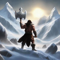 Create a realistic image of a barbarian warrior with dark hair, seen from the back, holding a war hammer similar to Thor's