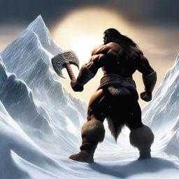 Create a realistic image of a barbarian warrior with dark hair, seen from the back, holding a war hammer similar to Thor's