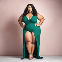 A confident plus-size woman wearing revealing but covered clothing