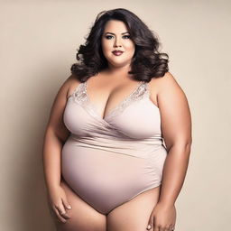 A confident plus-size woman wearing revealing but covered clothing