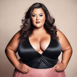 A confident plus-size woman wearing revealing but covered clothing