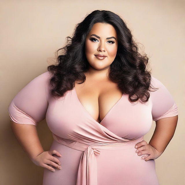 A confident plus-size woman wearing revealing but covered clothing