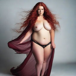 A captivating plus-size young woman with very long, flowing red hair, wearing revealing but covered provocative clothing