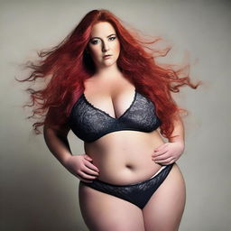 A captivating plus-size young woman with very long, flowing red hair, wearing revealing but covered provocative clothing