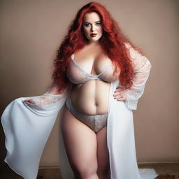 A captivating plus-size young woman with very long, flowing red hair, wearing revealing but covered provocative clothing