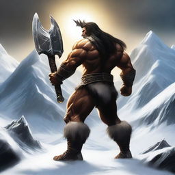 Create a realistic image of a dark-haired barbarian warrior seen from behind, holding a war hammer similar to Thor's