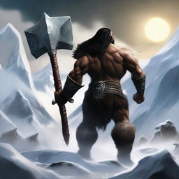 Create a realistic image of a dark-haired barbarian warrior seen from behind, holding a war hammer similar to Thor's