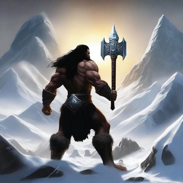 Create a realistic image of a dark-haired barbarian warrior seen from behind, holding a war hammer similar to Thor's