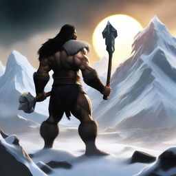 Create a realistic image of a dark-haired barbarian warrior seen from behind, holding a war hammer similar to Thor's