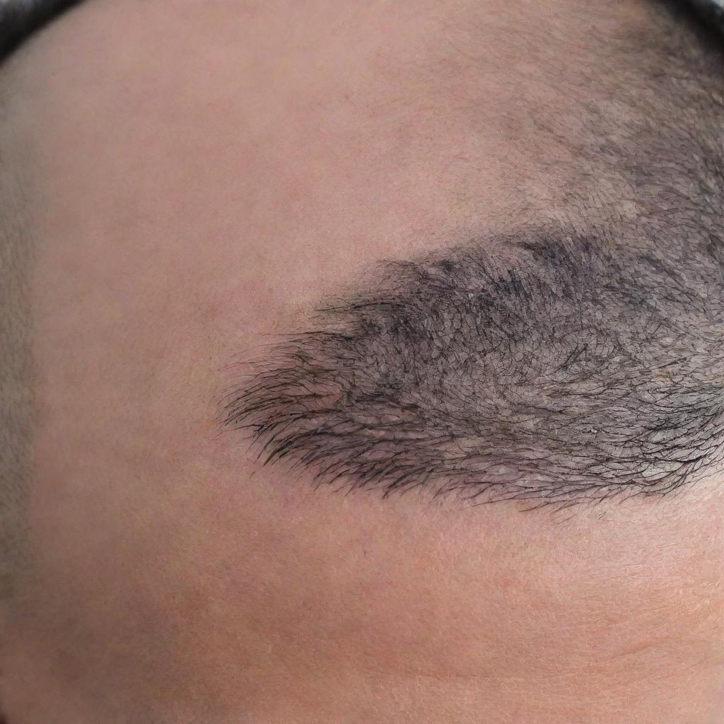 A close-up view of a half-inch bald spot on a head full of black hair, showcasing a mix of broken and regrowing hairs, with particular focus on one radiant, flame-like hair standing out.