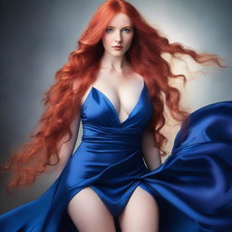 A captivating young woman with very long, flowing red hair, wearing a provocative blue dress that is revealing but covered